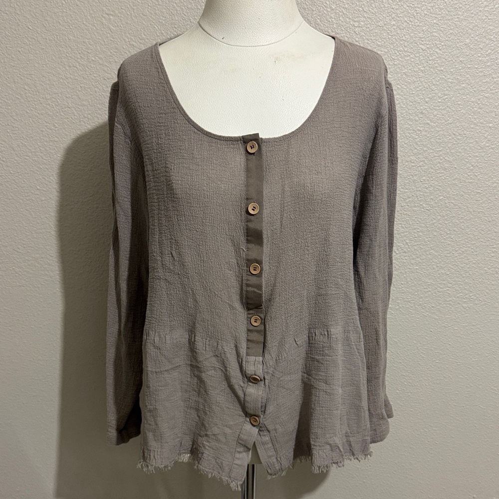 Soft Surroundings Blouse Brown Cotton Gauze Button Up Top Raw Hem Relaxed Fit